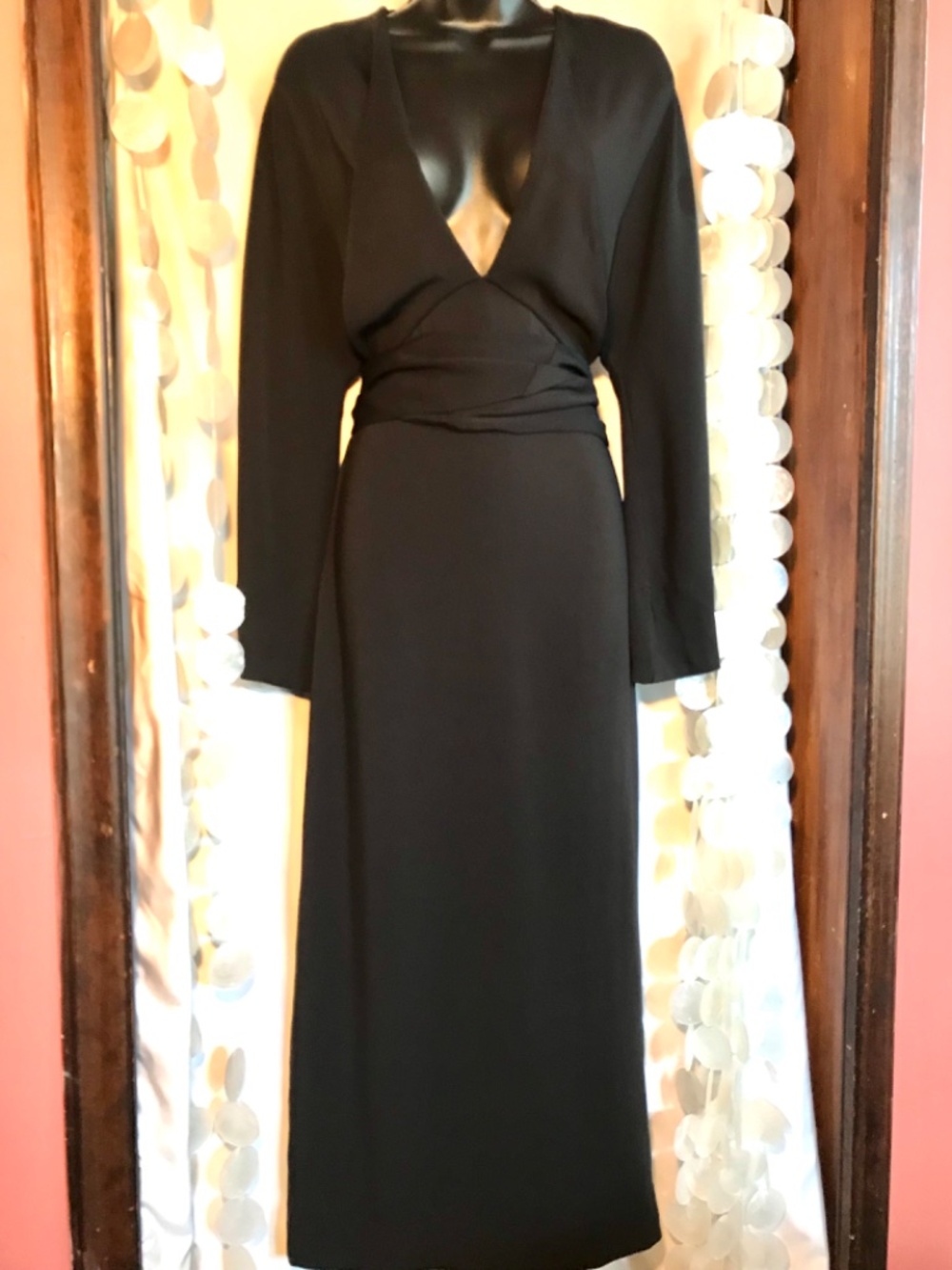 Zara Ribbon Midi Dress Deep V-Neck A-Line Long Sleeve - Picture 10 of 14